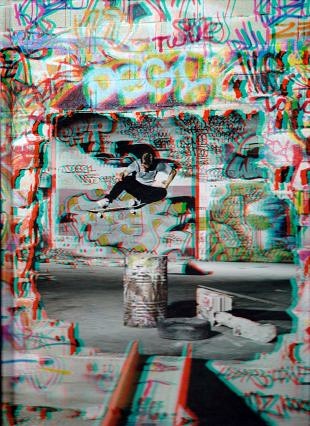 Anaglyfenfoto’s van actieve en stuntende skateboarders