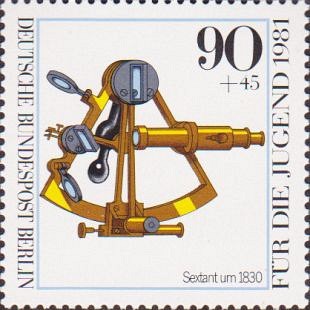 Postzegels tonen historische instrumenten voor navigatie